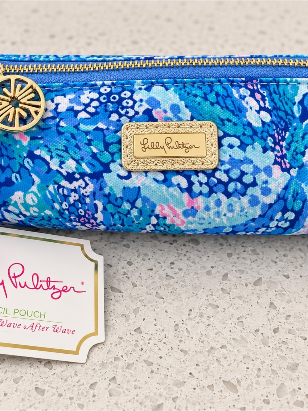 NWT Lilly Pulitzer Wave After Wave Blue Floral Pencil Pouch Cosmetic Bag